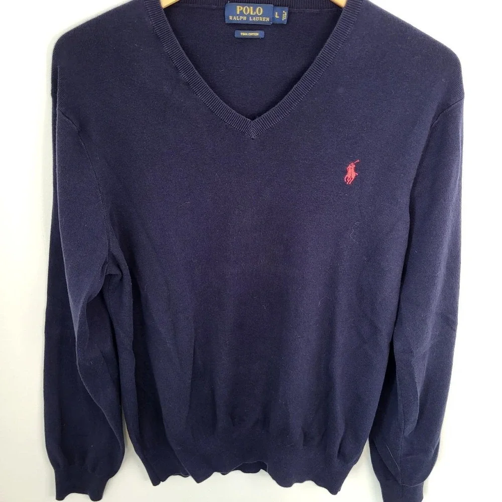 Polo Ralph Lauren Mens Navy Blue Pima Cotton V-Neck Sweater Red Pony Logo Size L